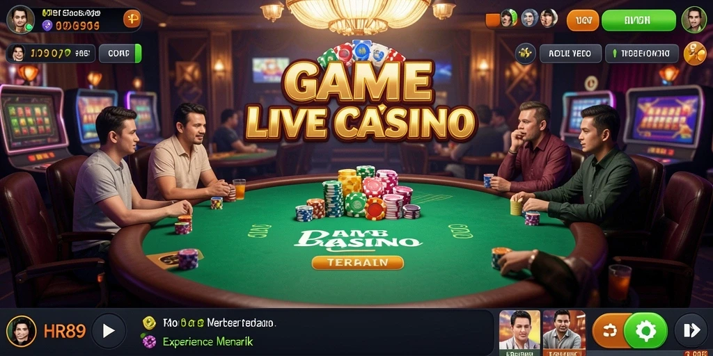 Screenshot gameplay HR89 dengan dealer langsung dan suasana kasino yang mengasyikkan.