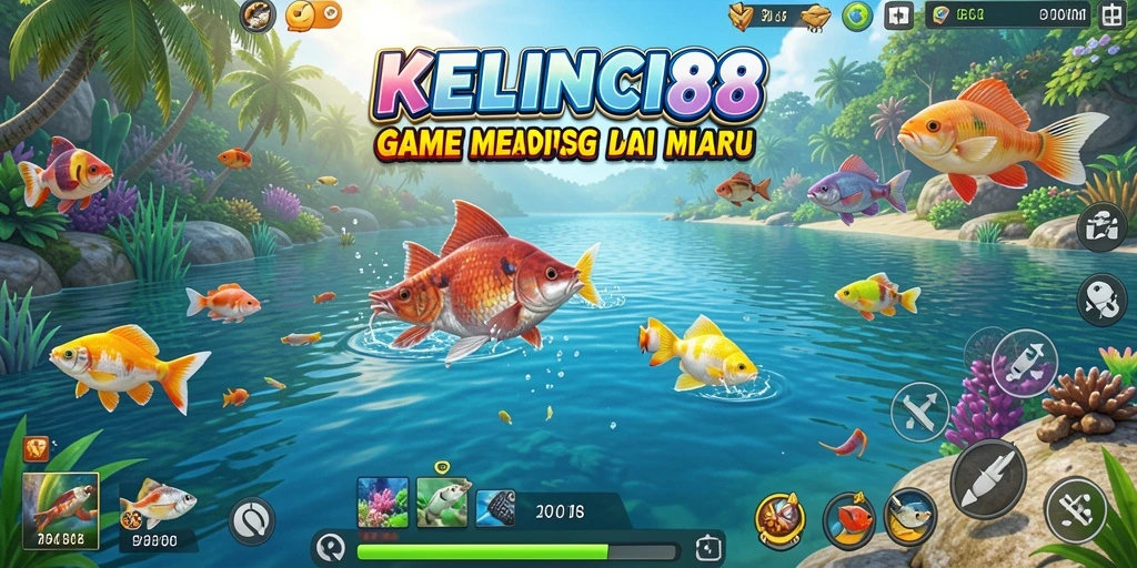 Screenshot gameplay KELINCI88 dengan aksi memancing seru di lokasi indah.